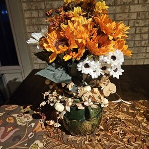 Autumn Floral Arrangement in Accented Green Glazed Ceramic Vase